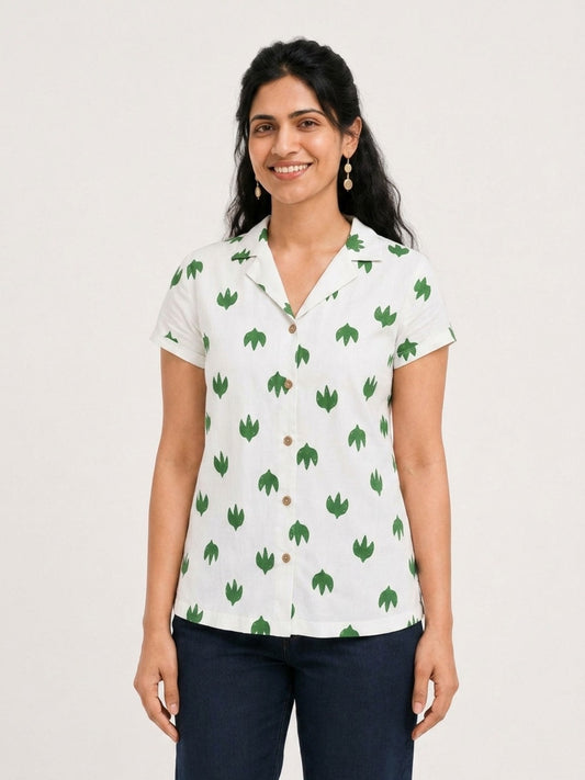 Green and White Leaf Trio Notch Collar Shirt