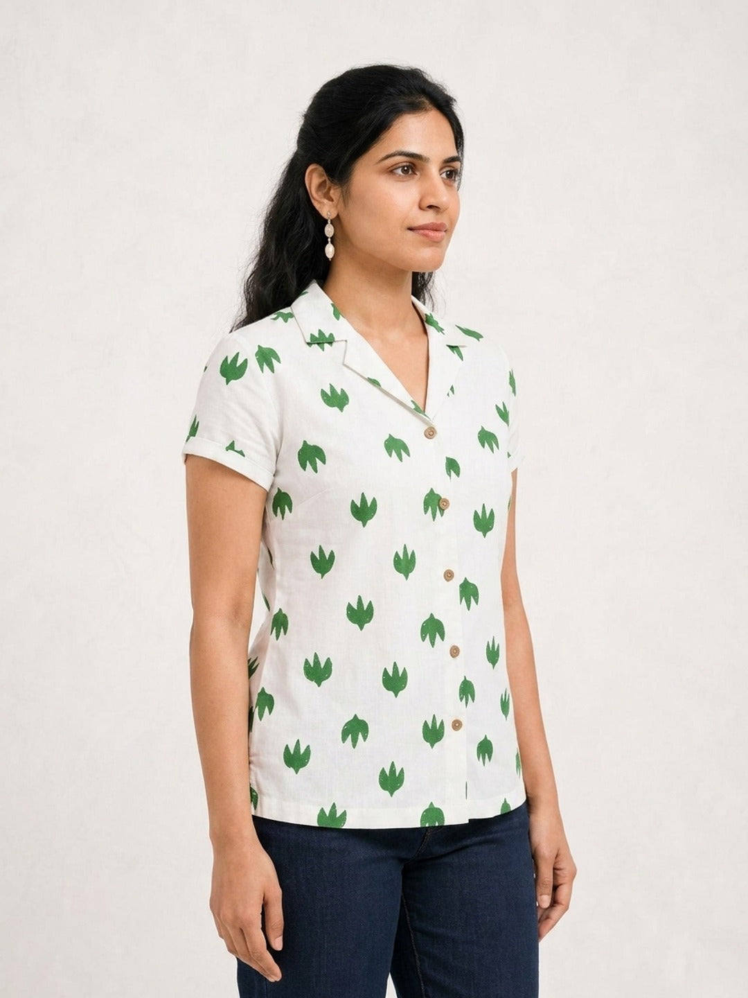 Green and White Leaf Trio Notch Collar Shirt