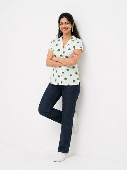 Green and White Leaf Trio Notch Collar Shirt