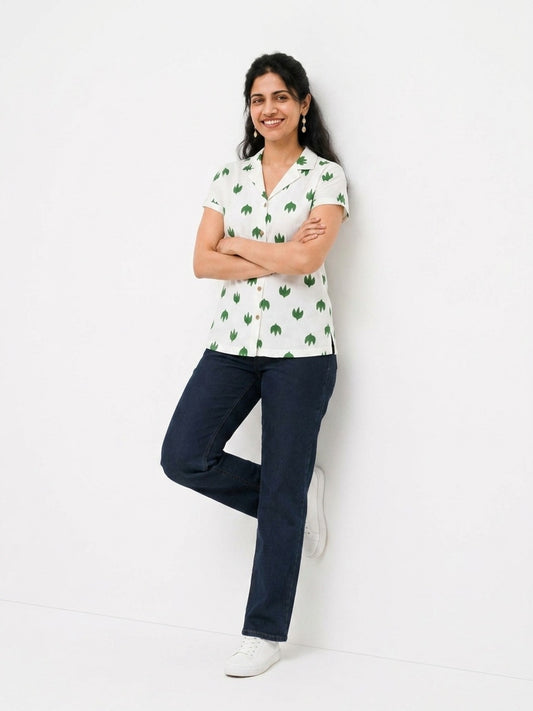Green and White Leaf Trio Notch Collar Shirt