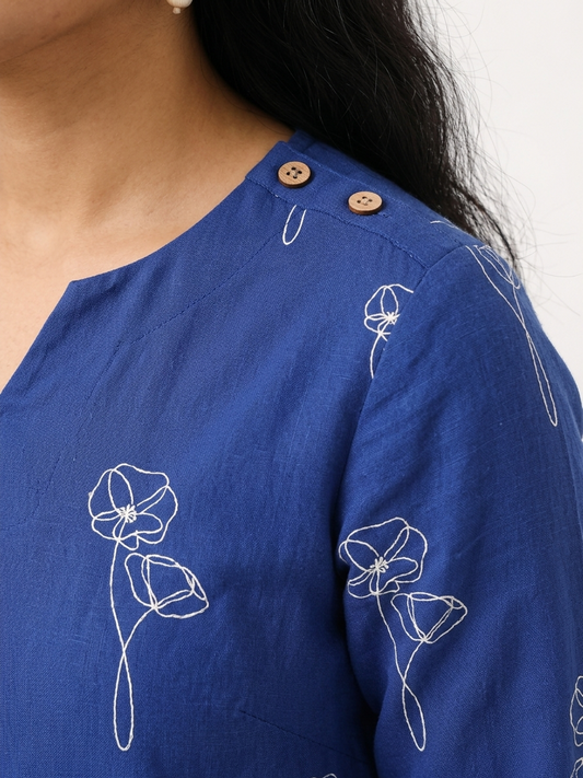 Indigo Blue Printed Pure Cotton Midi Dress