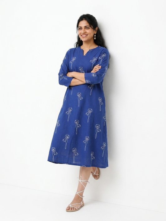 Indigo Blue Printed Pure Cotton Midi Dress