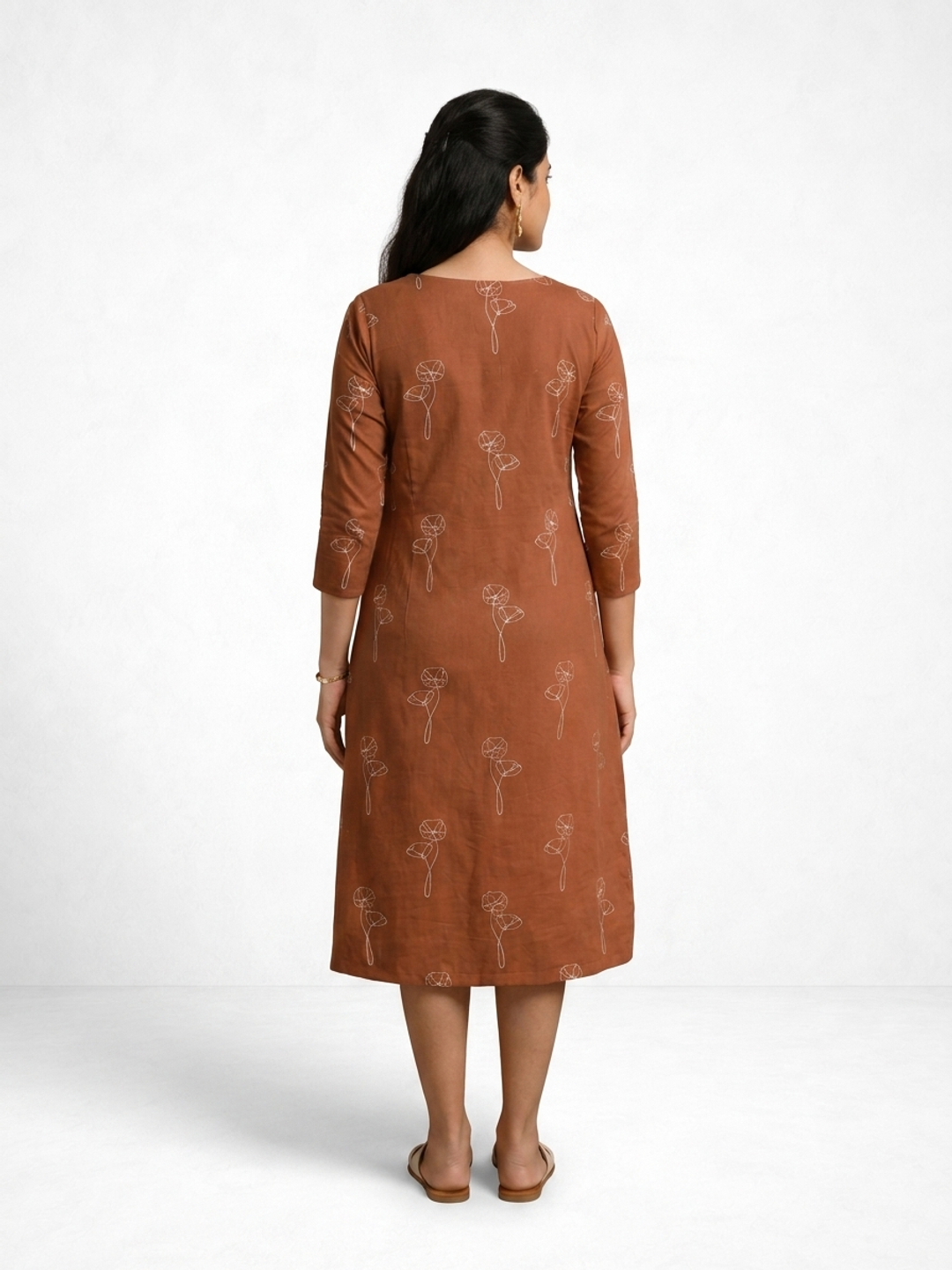 Brown Printed Pure Cotton Midi Dress