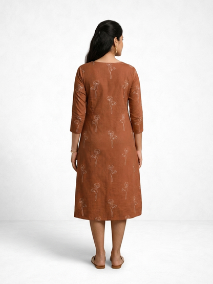Brown Printed Pure Cotton Midi Dress