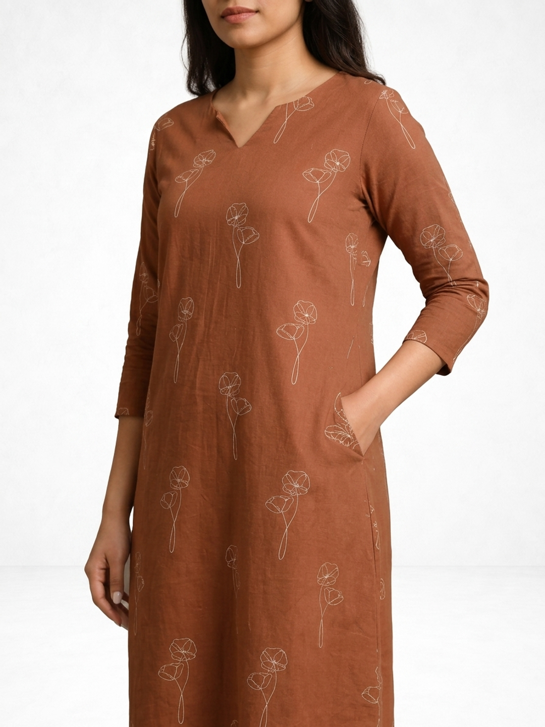 Brown Printed Pure Cotton Midi Dress