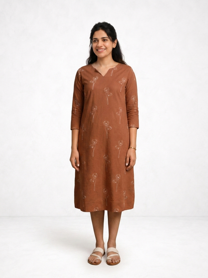 Brown Printed Pure Cotton Midi Dress
