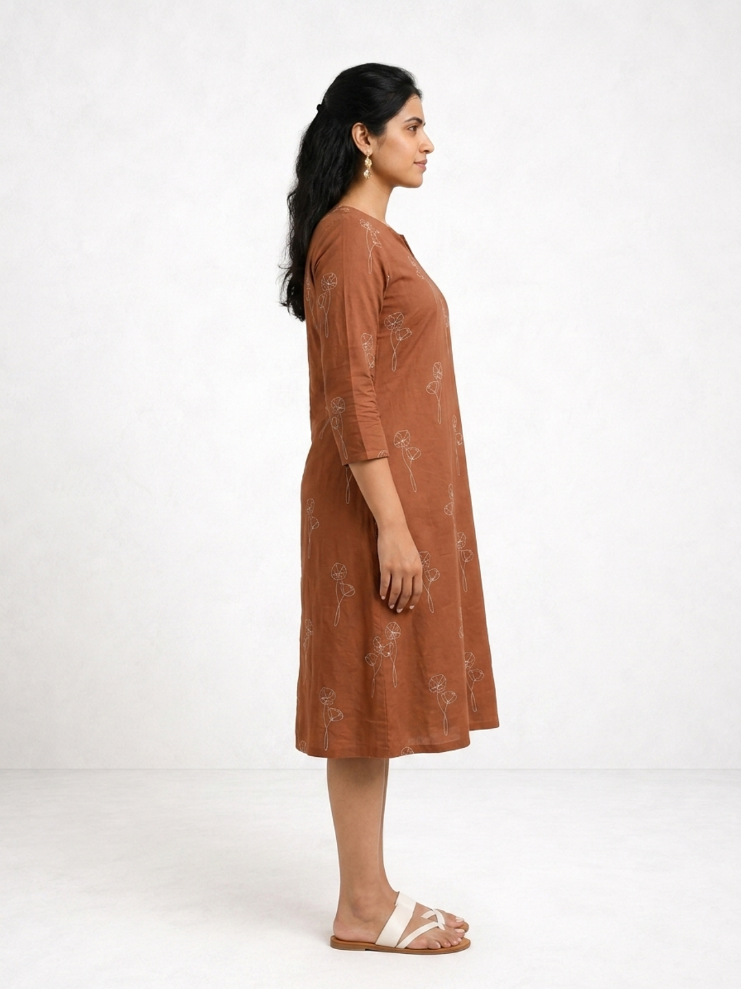 Brown Printed Pure Cotton Midi Dress