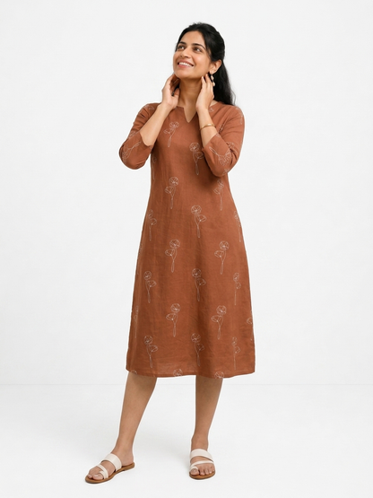 Brown Printed Pure Cotton Midi Dress
