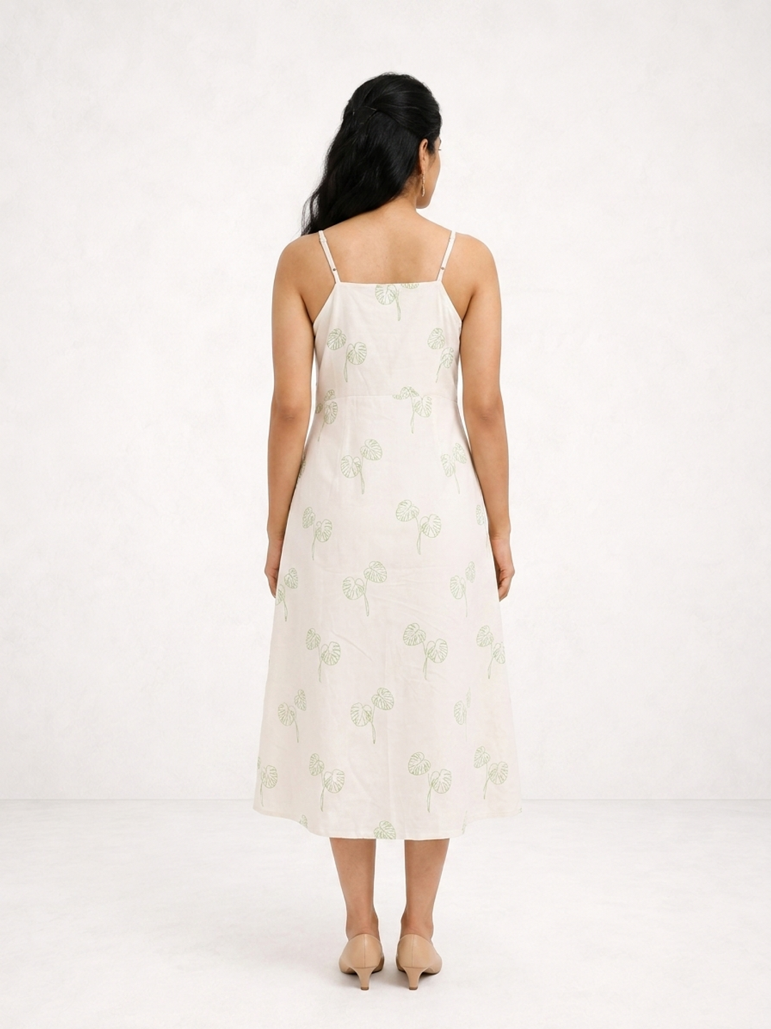 Strapped Midi Off White and Green Botanical Printed Dress