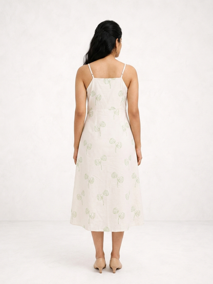 Strapped Midi Off White and Green Botanical Printed Dress