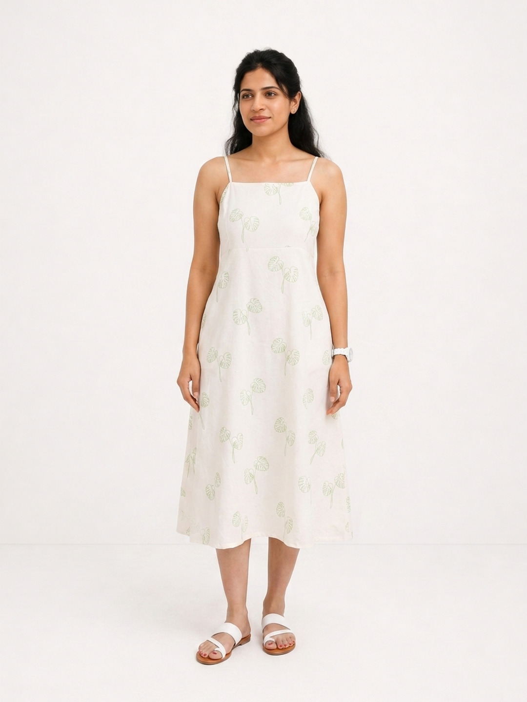Strapped Midi Off White and Green Botanical Printed Dress