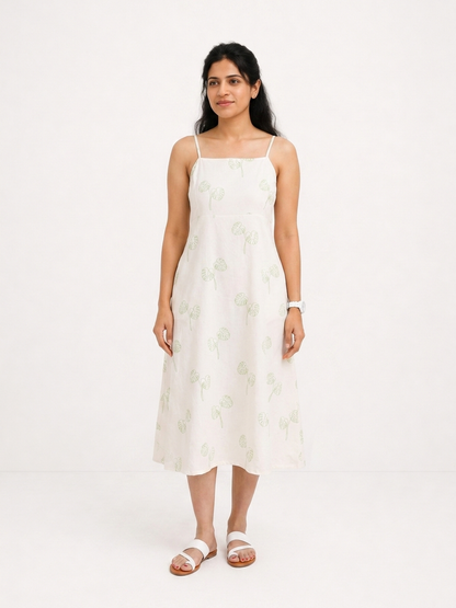 Strapped Midi Off White and Green Botanical Printed Dress
