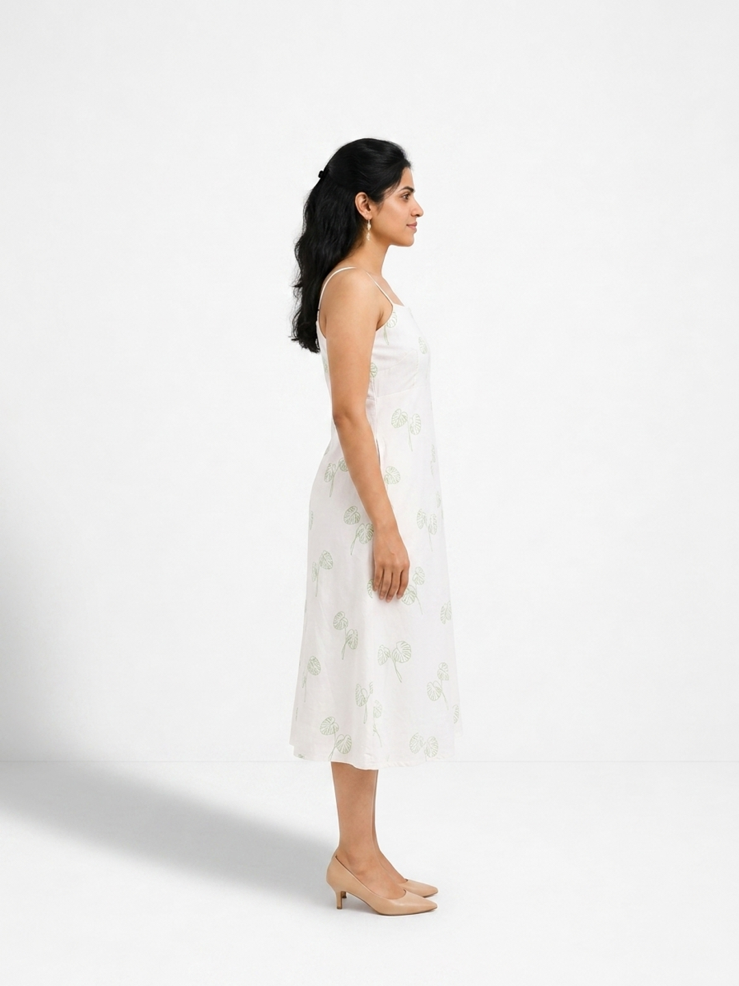 Strapped Midi Off White and Green Botanical Printed Dress