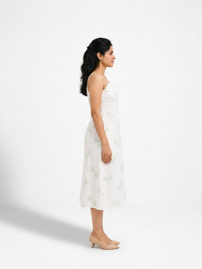 Strapped Midi Off White and Green Botanical Printed Dress
