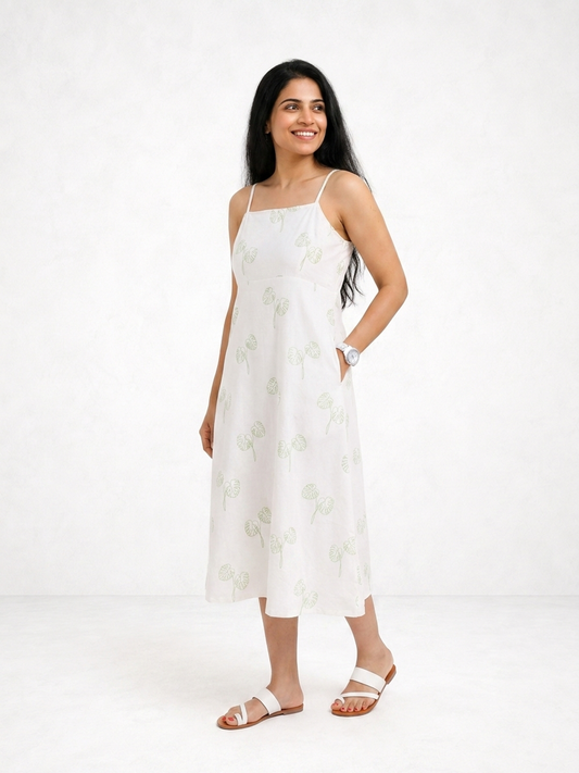Strapped Midi Off White and Green Botanical Printed Dress