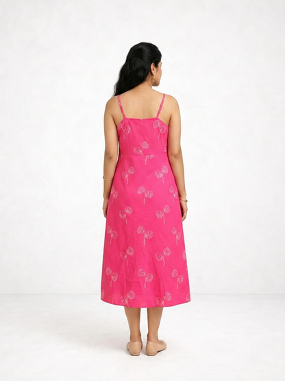 Strapped Midi Viva Magenta and Off White Botanical Printed Dress