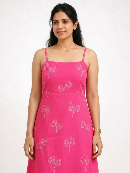Strapped Midi Viva Magenta and Off White Botanical Printed Dress
