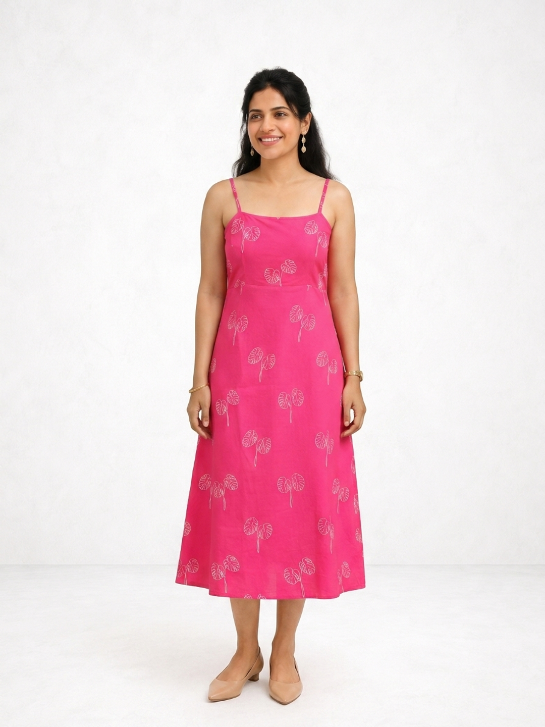 Strapped Midi Viva Magenta and Off White Botanical Printed Dress