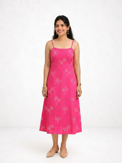 Strapped Midi Viva Magenta and Off White Botanical Printed Dress