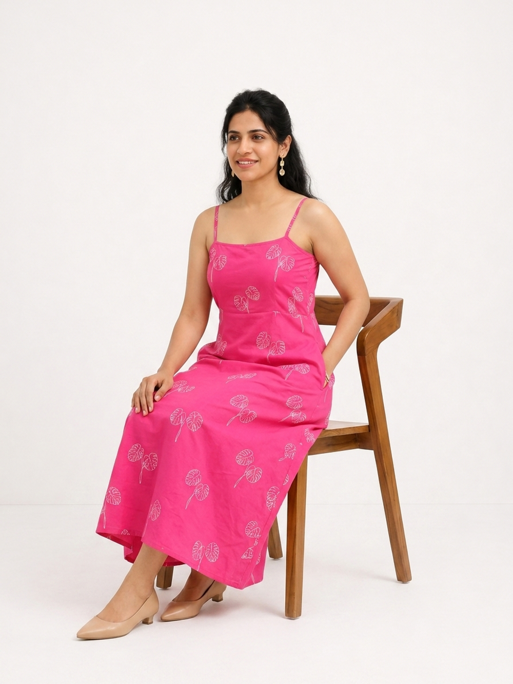 Strapped Midi Viva Magenta and Off White Botanical Printed Dress