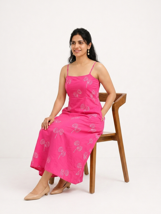 Strapped Midi Viva Magenta and Off White Botanical Printed Dress