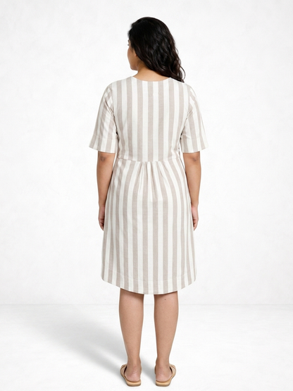 Zigzagged Striped V Neck Off White and Light Brown Dress
