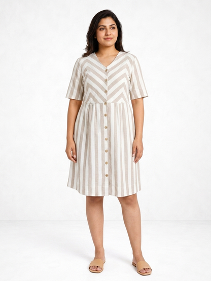 Zigzagged Striped V Neck Off White and Light Brown Dress