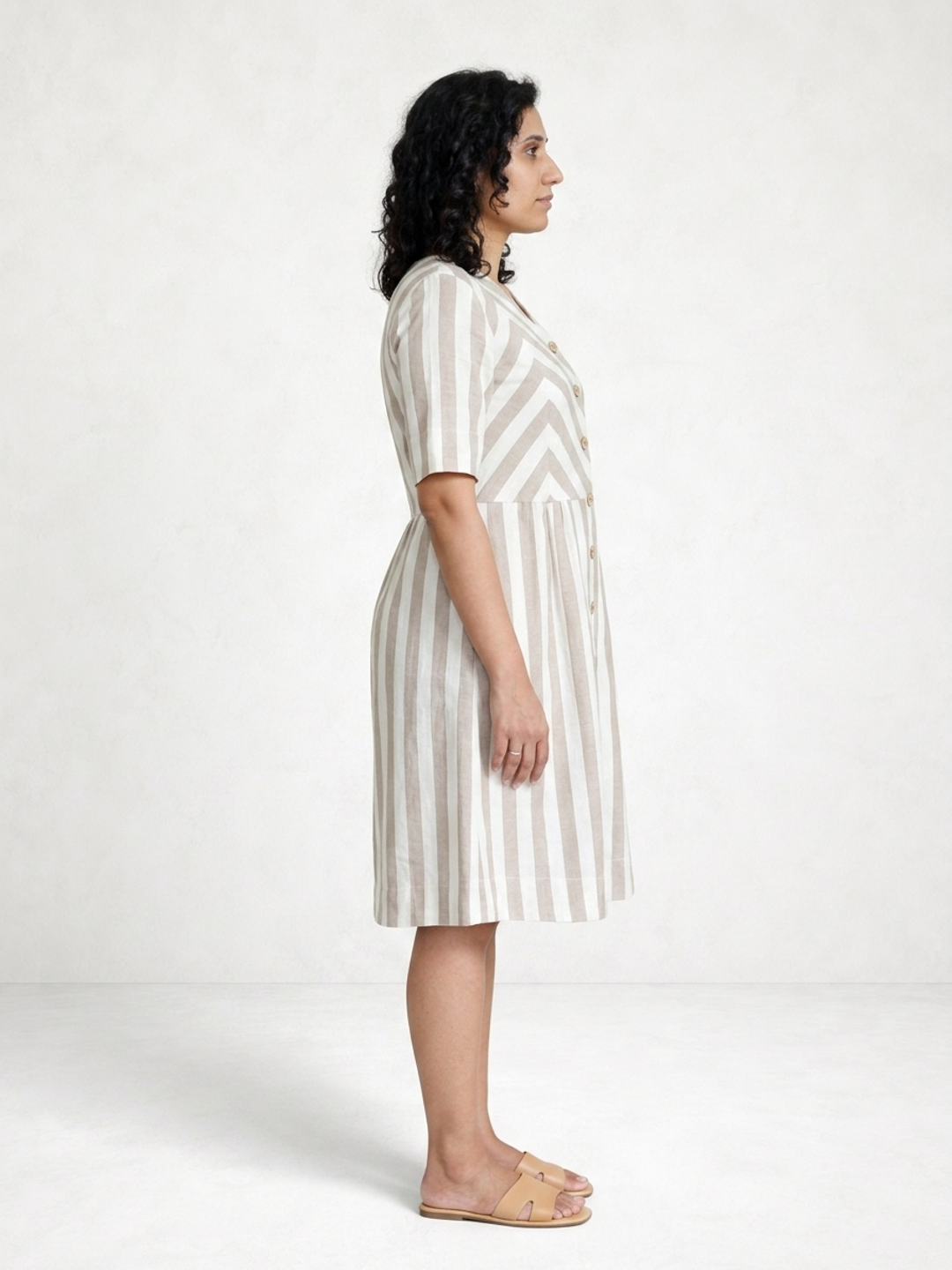 Zigzagged Striped V Neck Off White and Light Brown Dress
