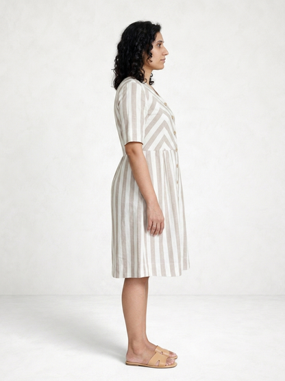 Zigzagged Striped V Neck Off White and Light Brown Dress