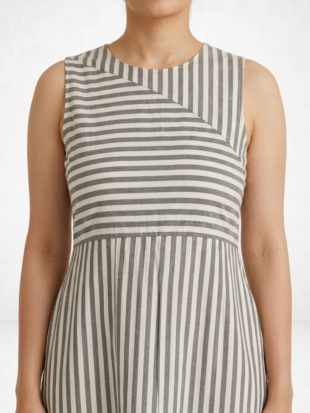 Striped Sleeveless Boat Neck Dress in Off White and Black