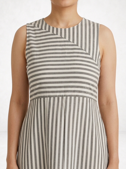Striped Sleeveless Boat Neck Dress in Off White and Black
