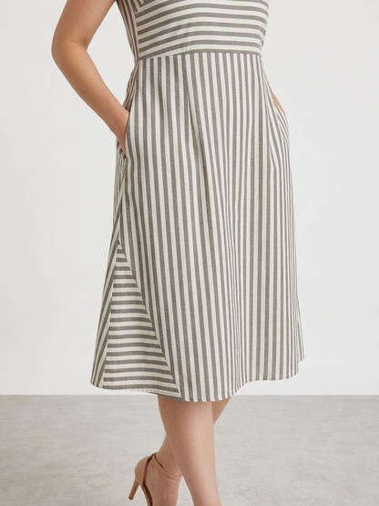 Striped Sleeveless Boat Neck Dress in Off White and Black