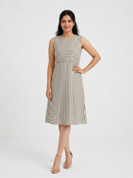 Striped Sleeveless Boat Neck Dress in Off White and Black