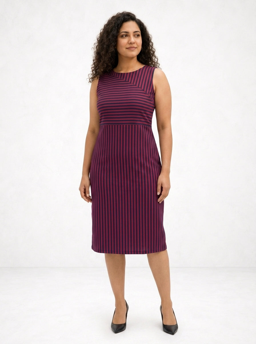 Striped Sleeveless Boat Neck Dress in Navy Blue and Viva Magenta