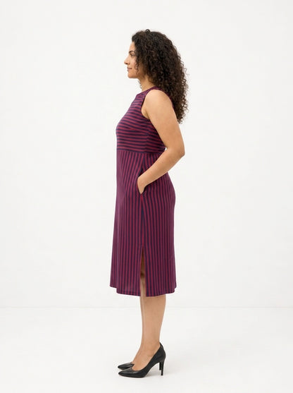 Striped Sleeveless Boat Neck Dress in Navy Blue and Viva Magenta