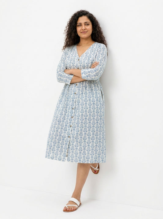 Off white and Teal Printed Midi Dress with a Triangle Cut on the Sleeve Cuff