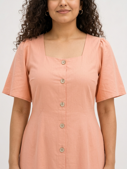 Square Neck A Line Dress in Monotone Solid Peach