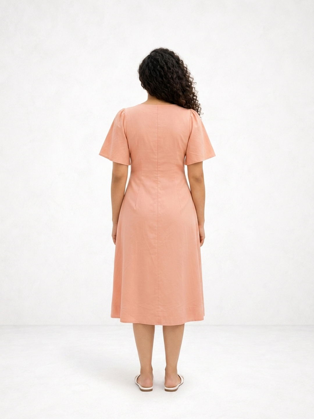 Square Neck A Line Dress in Monotone Solid Peach