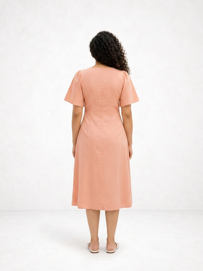 Square Neck A Line Dress in Monotone Solid Peach