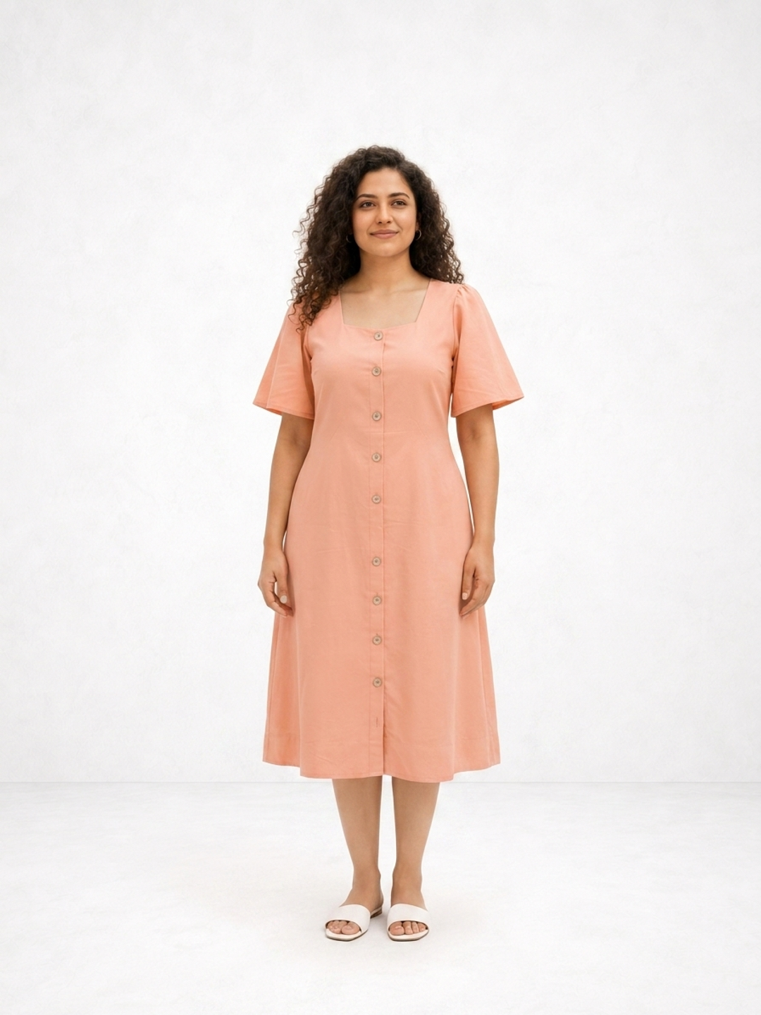 Square Neck A Line Dress in Monotone Solid Peach