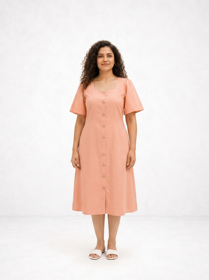 Square Neck A Line Dress in Monotone Solid Peach