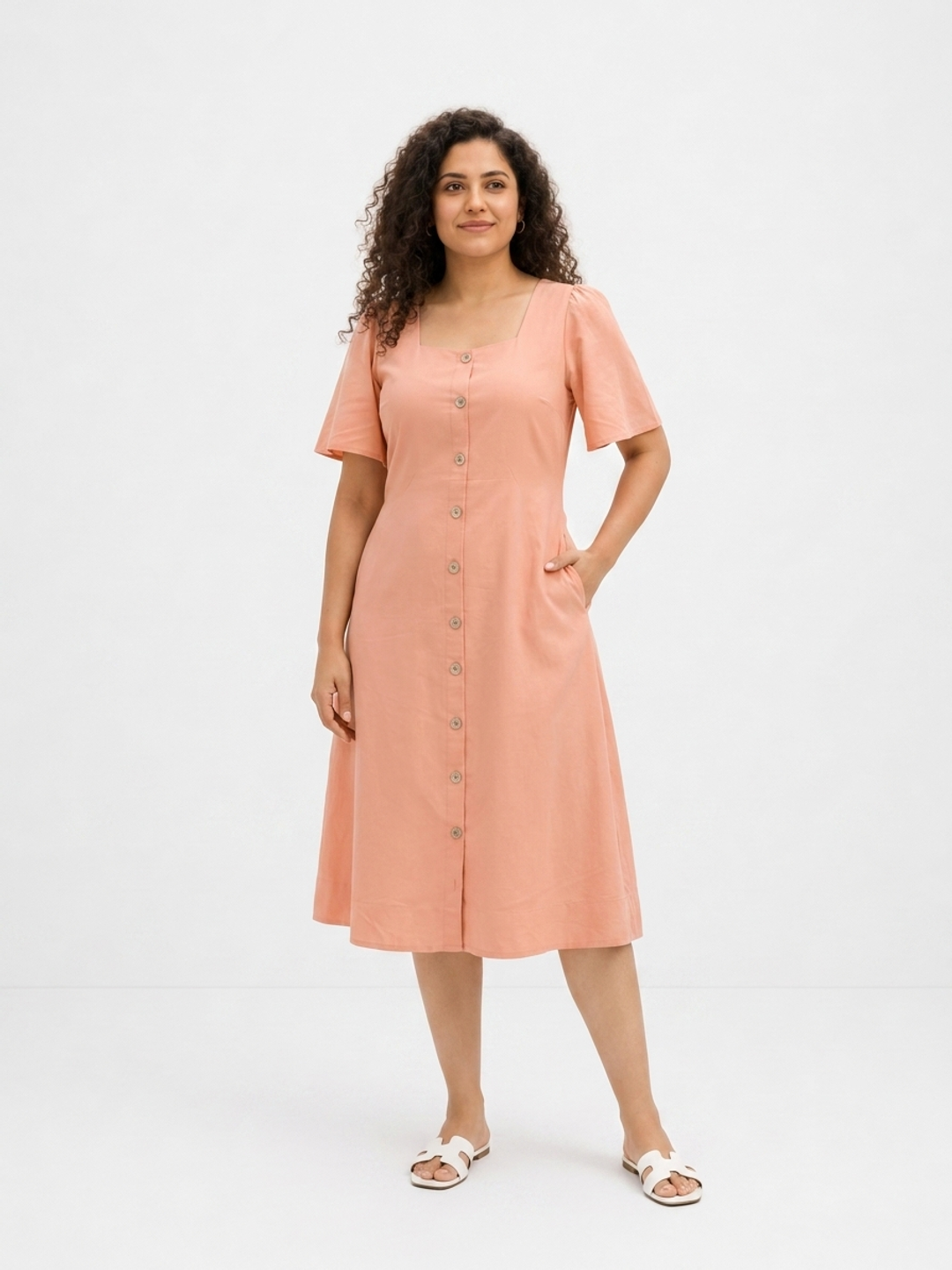 Square Neck A Line Dress in Monotone Solid Peach