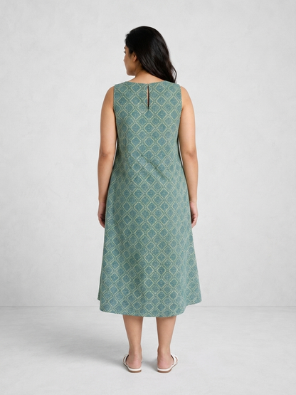 Green and Blue Geometrical Printed Sleeveless Maxi Dress