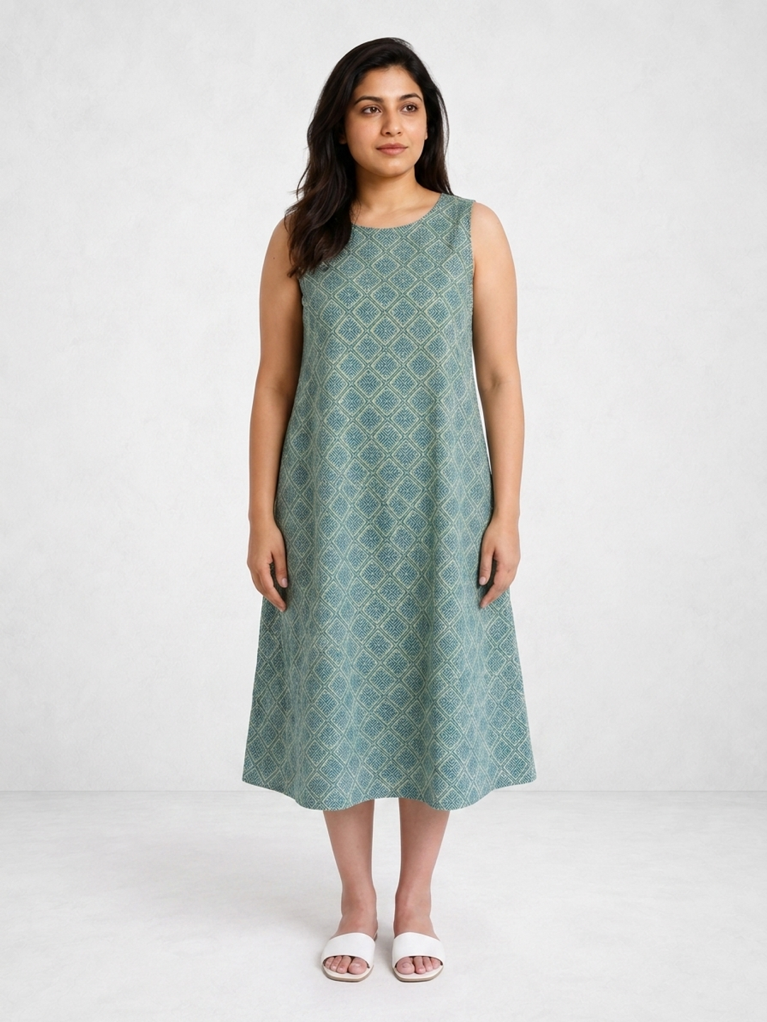 Green and Blue Geometrical Printed Sleeveless Maxi Dress
