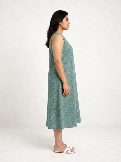 Green and Blue Geometrical Printed Sleeveless Maxi Dress