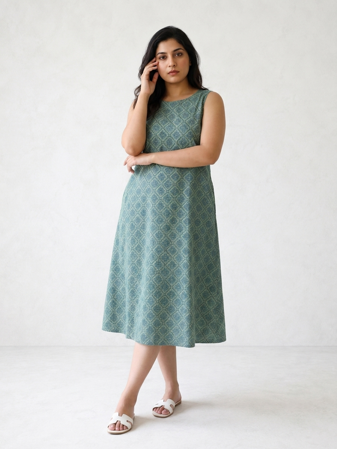 Green and Blue Geometrical Printed Sleeveless Maxi Dress