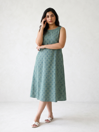 Green and Blue Geometrical Printed Sleeveless Maxi Dress