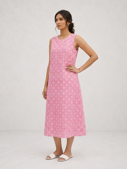 Pink Geometrical Printed Sleeveless Maxi Dress