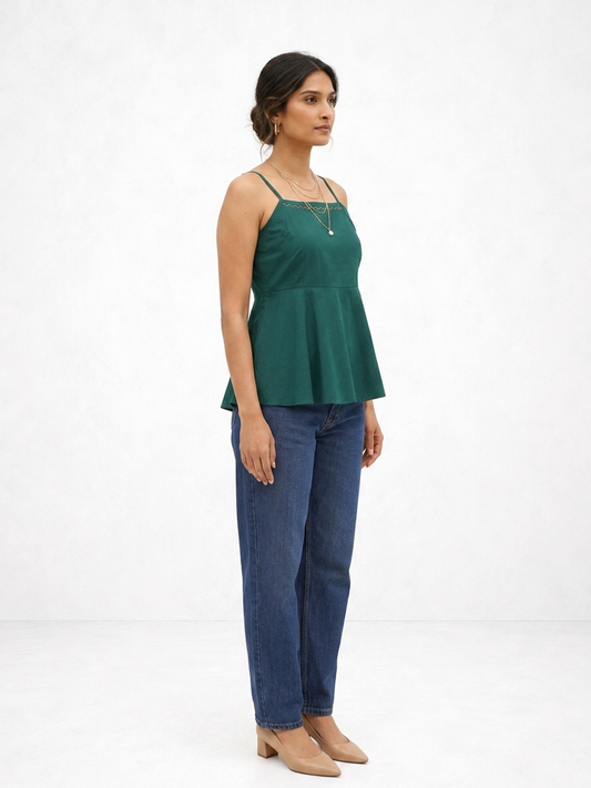 Myrtle Green Peplum Top with Embroidery
