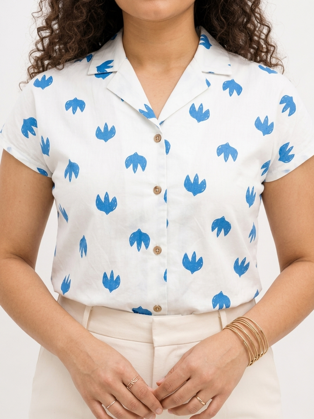 Blue and White Leaf Trio Notch Collar Shirt